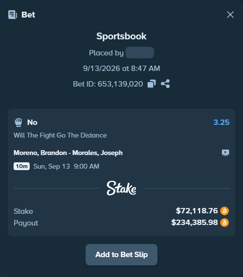 Bet slip: Moreno, Brandon - Morales, Joseph, $72,152.31 stake at 3.25 odds, placed by theoutlaw