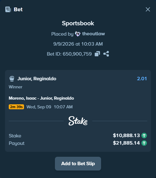 Bet slip: Moreno, Isaac - Junior, Reginaldo, $10,888.13 stake at 2.01 odds, placed by theoutlaw