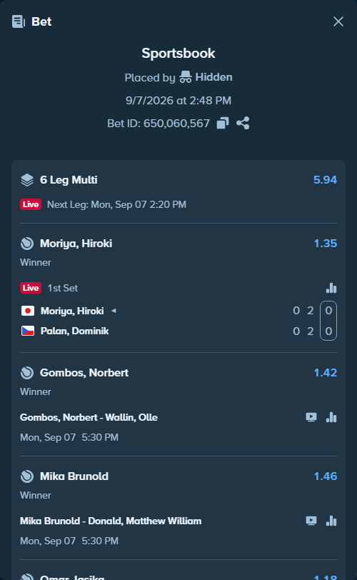 Bet slip: Moriya, Hiroki - Palan, Dominik, $10,000.00 stake at 1.35 odds, placed by Hidden