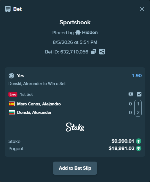 Bet slip: Moro Canas, Alejandro - Alexander Donski, $10,000.00 stake at 1.90 odds, placed by Hidden