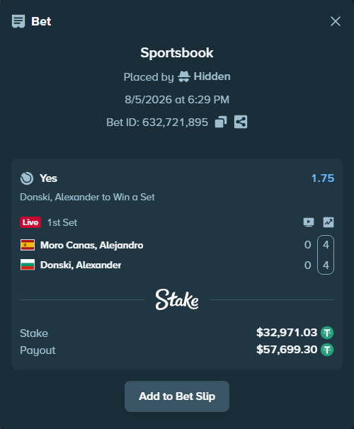 Bet slip: Moro Canas, Alejandro - Alexander Donski, $33,004.00 stake at 1.75 odds, placed by Hidden