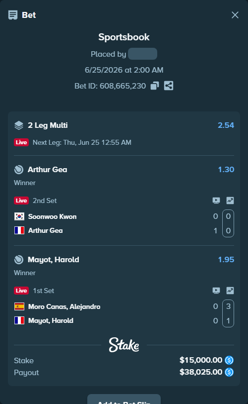 Bet slip: Moro Canas, Alejandro - Mayot, Harold, $15,000.00 stake at 1.95 odds, placed by Zako2626