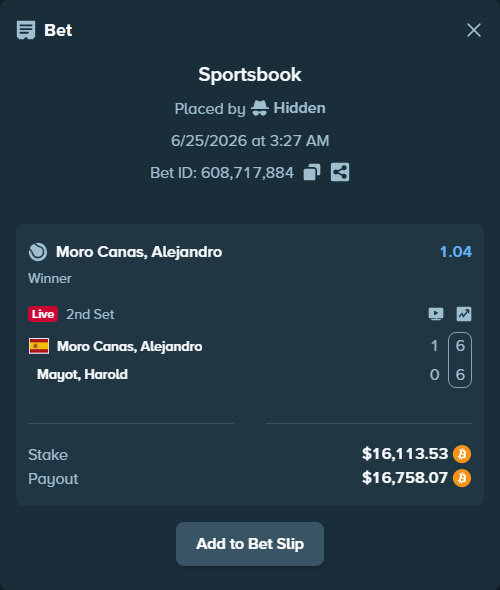Bet slip: Moro Canas, Alejandro - Mayot, Harold, $15,910.72 stake at 1.04 odds, placed by Richboyquan