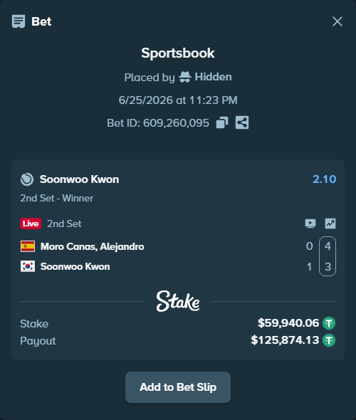 Bet slip: Moro Canas, Alejandro - Soonwoo Kwon, $60,000.00 stake at 2.10 odds, placed by Hidden