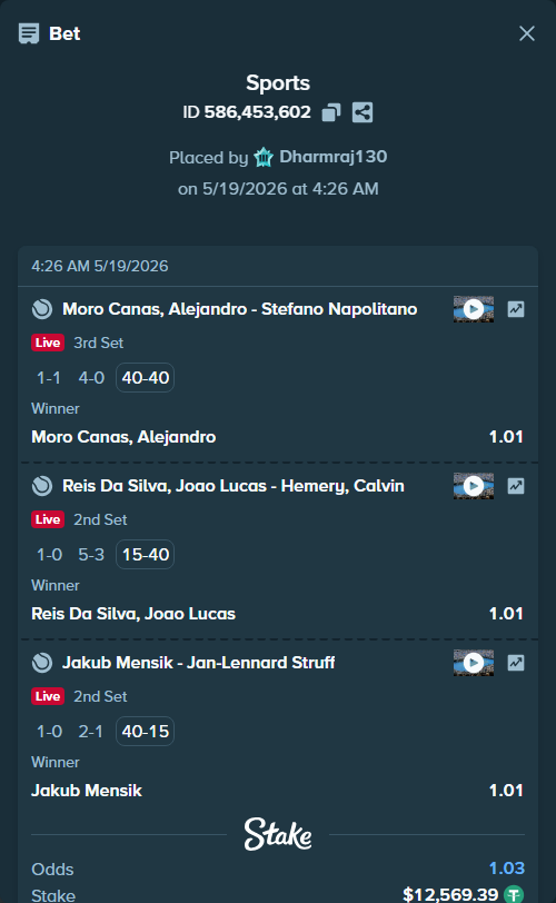 Bet slip: Moro Canas, Alejandro - Stefano Napolitano, $12,581.96 stake at 1.01 odds, placed by Dharmraj130