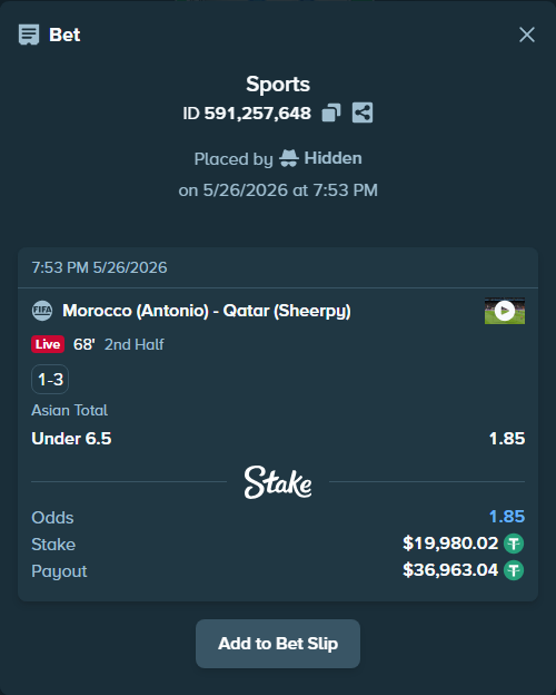 Bet slip: Morocco (Antonio) - Qatar (Sheerpy), $20,000.00 stake at 1.85 odds, placed by Hidden