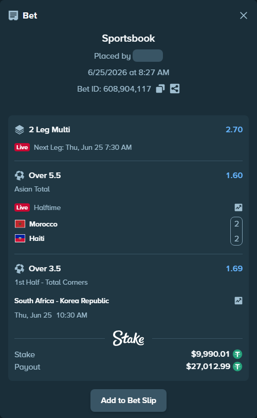Bet slip: Morocco - Haiti, $10,000.00 stake at 1.60 odds, placed by Yarmola999
