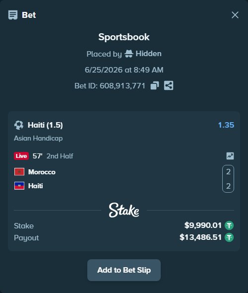 Bet slip: Morocco - Haiti, $10,000.00 stake at 1.35 odds, placed by Hidden