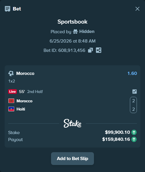 Bet slip: Morocco - Haiti, $100,000.00 stake at 1.60 odds, placed by Hidden