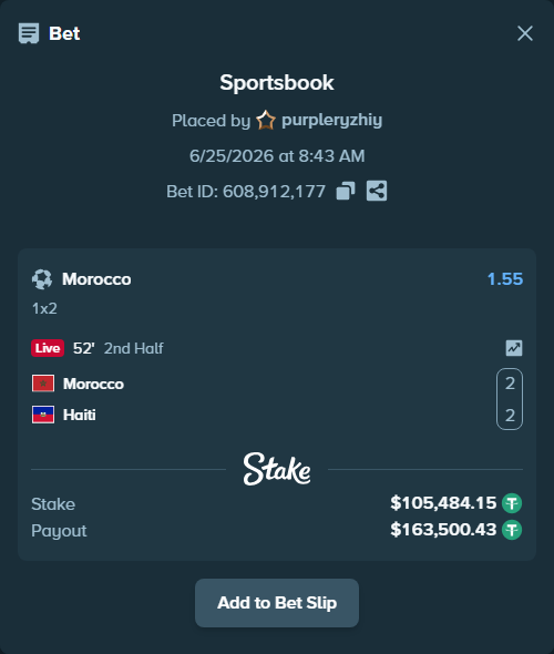 Bet slip: Morocco - Haiti, $105,589.63 stake at 1.55 odds, placed by purpleryzhiy