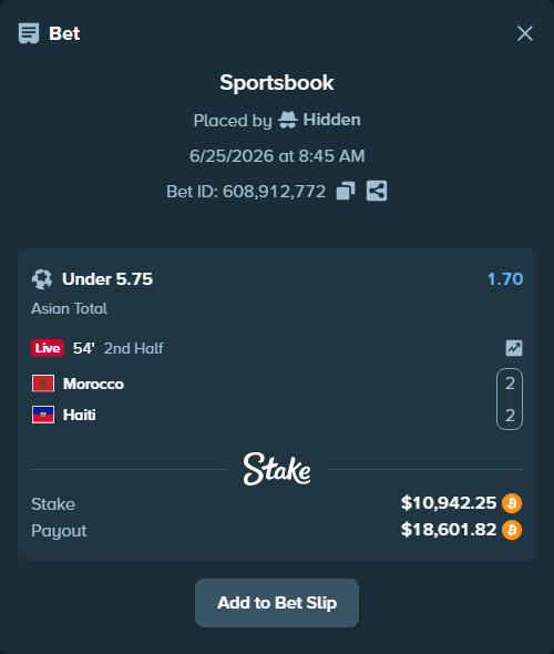 Bet slip: Morocco - Haiti, $10,591.92 stake at 1.70 odds, placed by Hidden