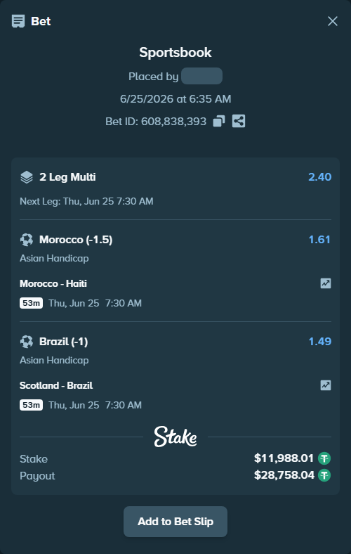 Bet slip: Morocco - Haiti, $12,000.00 stake at 1.61 odds, placed by Agus1033