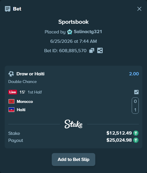 Bet slip: Morocco - Haiti, $12,525.00 stake at 2.00 odds, placed by Salinactg321