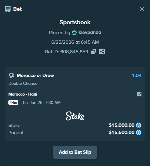 Bet slip: Morocco - Haiti, $15,000.00 stake at 1.04 odds, placed by kievpanda