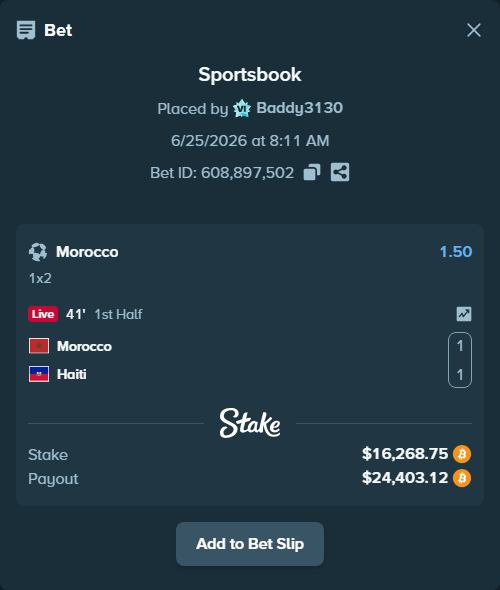Bet slip: Morocco - Haiti, $15,716.04 stake at 1.50 odds, placed by Baddy3130