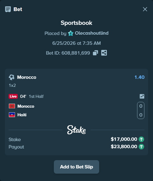 Bet slip: Morocco - Haiti, $17,017.00 stake at 1.40 odds, placed by Olecashoutlind