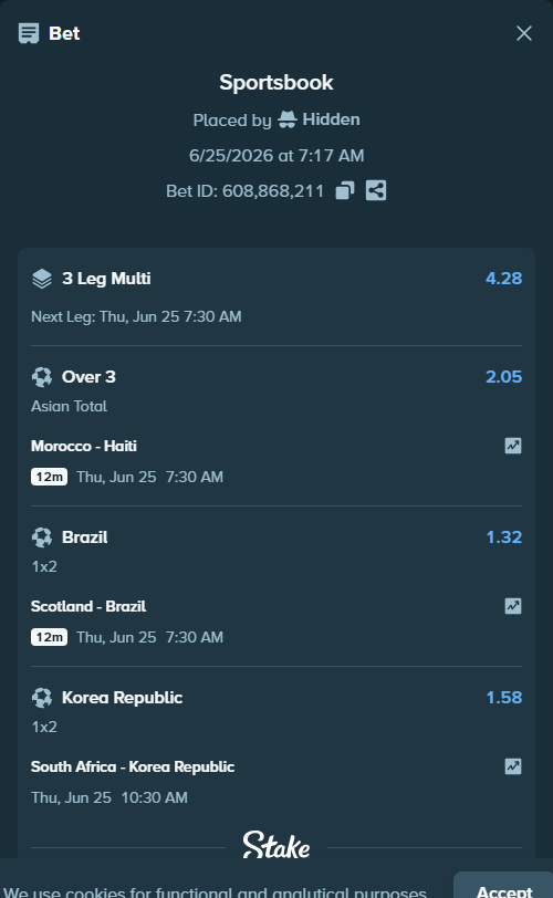 Bet slip: Morocco - Haiti, $17,907.00 stake at 2.05 odds, placed by Champjoll