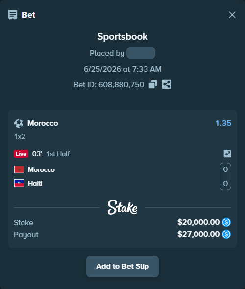 Bet slip: Morocco - Haiti, $20,000.00 stake at 1.35 odds, placed by Hoggtann
