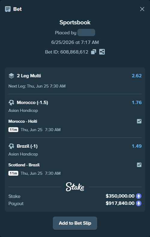 Bet slip: Morocco - Haiti, $342,357.48 stake at 1.76 odds, placed by gemcabal