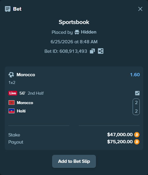 Bet slip: Morocco - Haiti, $45,495.24 stake at 1.60 odds, placed by Jossgus