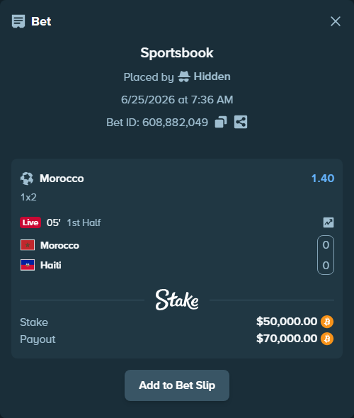Bet slip: Morocco - Haiti, $48,154.50 stake at 1.40 odds, placed by Jossgus