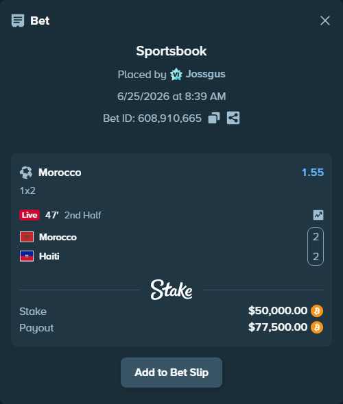 Bet slip: Morocco - Haiti, $48,330.68 stake at 1.55 odds, placed by Jossgus