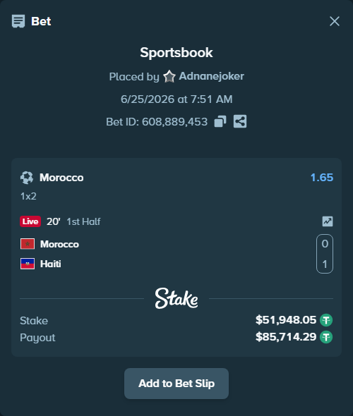 Bet slip: Morocco - Haiti, $52,000.00 stake at 1.65 odds, placed by Adnanejoker
