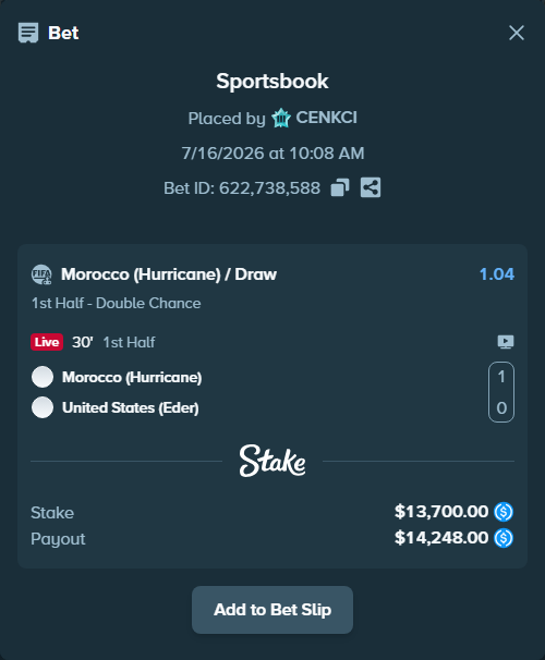 Bet slip: Morocco (Hurricane) - United States (Eder), $13,700.00 stake at 1.04 odds, placed by CENKCI