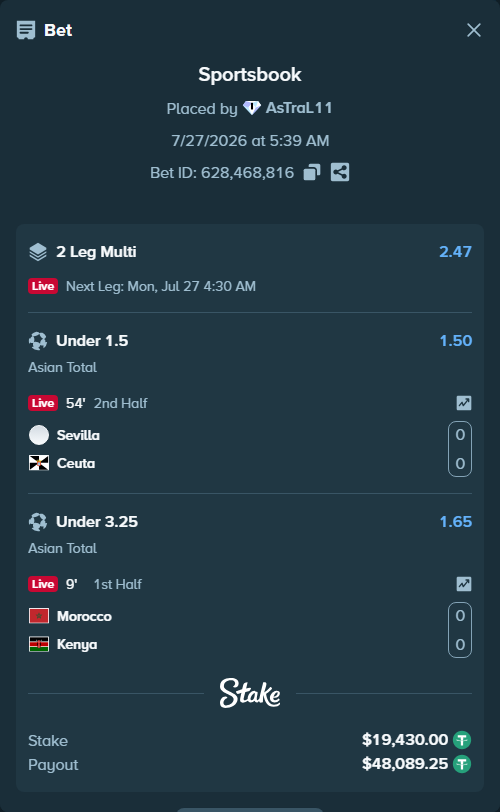 Bet slip: Morocco - Kenya, $19,430.00 stake at 1.65 odds, placed by AsTraL11