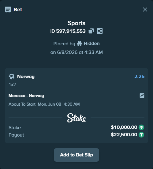 Bet slip: Morocco - Norway, $10,000.00 stake at 2.25 odds, placed by Hidden