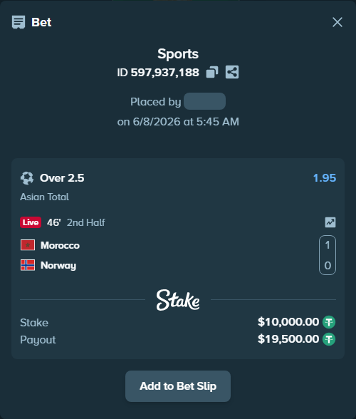 Bet slip: Morocco - Norway, $10,000.00 stake at 1.95 odds, placed by rmaghsdudthd
