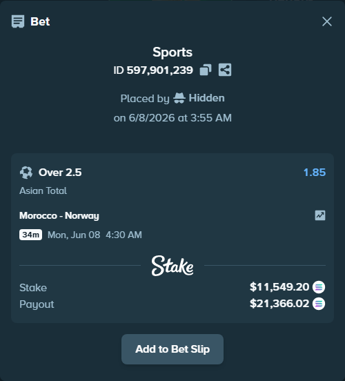 Bet slip: Morocco - Norway, $12,954.79 stake at 1.85 odds, placed by Hidden