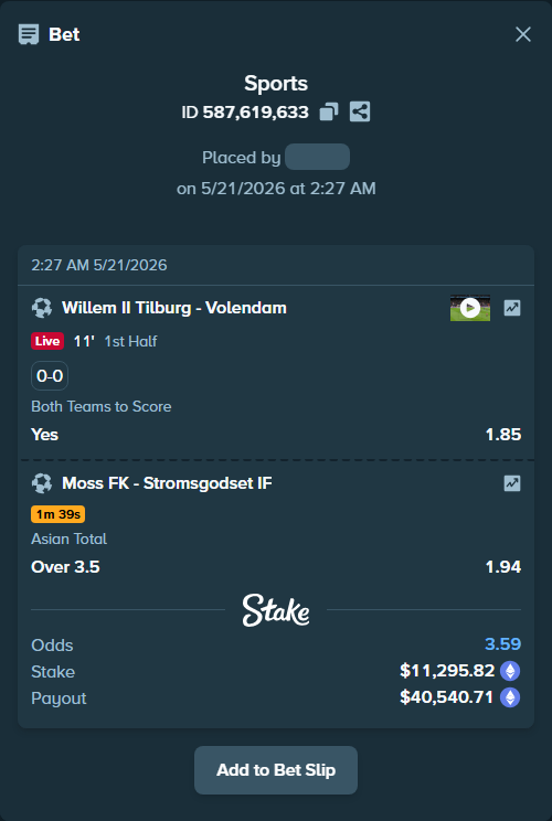 Bet slip: Moss FK - Stroemsgodset IF, $9,191.90 stake at 1.94 odds, placed by Kaidou827