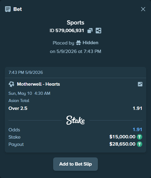 Bet slip: Motherwell - Hearts, $15,000.00 stake at 1.91 odds, placed by Hidden