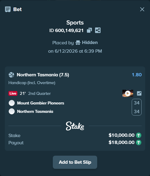 Bet slip: Mount Gambier Pioneers - Northern Force, $10,010.00 stake at 1.80 odds, placed by Hidden