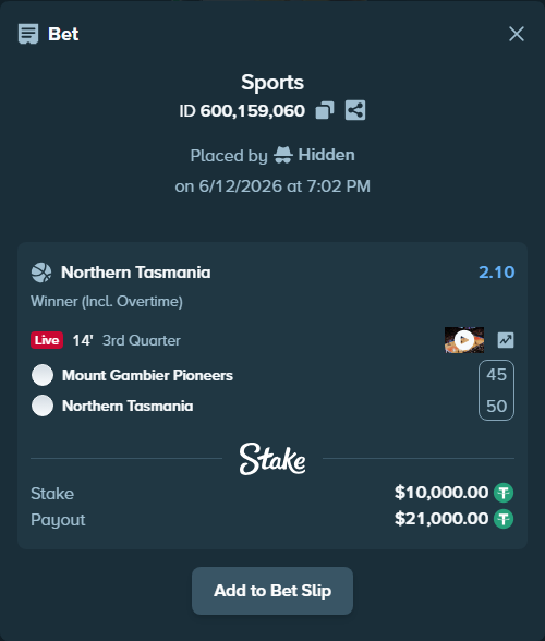 Bet slip: Mount Gambier Pioneers - Northern Force, $10,010.00 stake at 2.10 odds, placed by Hidden