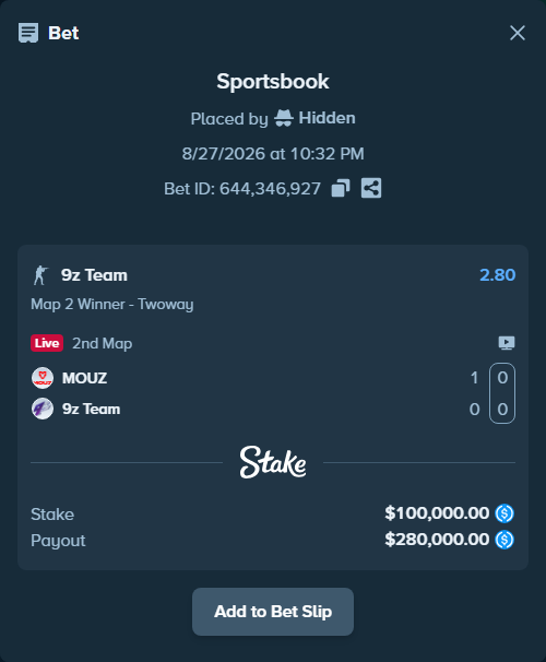 Bet slip: MOUZ - 9z Team, $100,000.00 stake at 2.80 odds, placed by Hidden