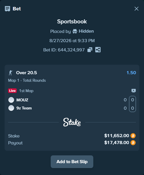 Bet slip: MOUZ - 9z Team, $11,638.05 stake at 1.50 odds, placed by Hidden