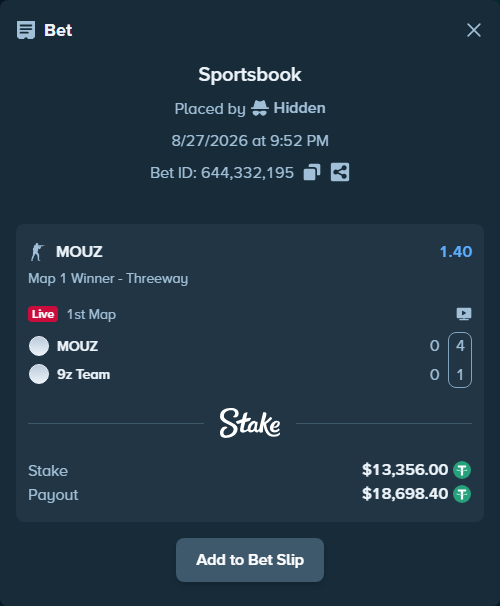 Bet slip: MOUZ - 9z Team, $13,356.00 stake at 1.40 odds, placed by Hidden