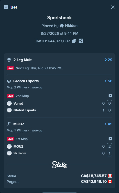 Bet slip: MOUZ - 9z Team, $13,871.72 stake at 1.45 odds, placed by Hidden