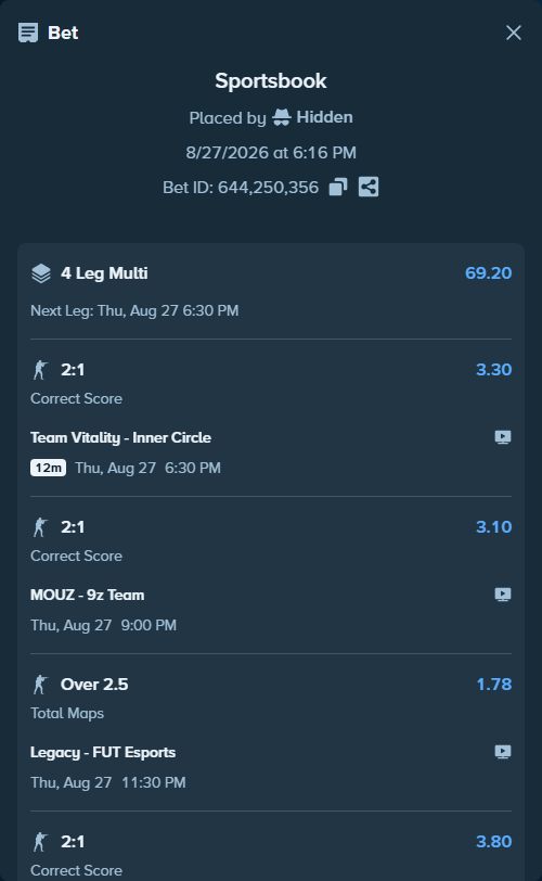 Bet slip: MOUZ - 9z Team, $20,000.00 stake at 3.10 odds, placed by Hidden