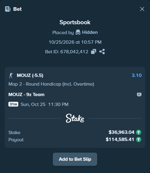 Bet slip: MOUZ - 9z Team, $37,000.00 stake at 3.10 odds, placed by Hidden