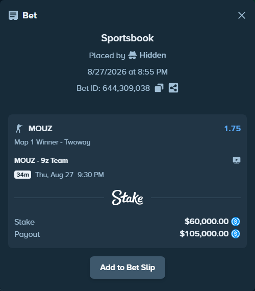 Bet slip: MOUZ - 9z Team, $60,000.00 stake at 1.75 odds, placed by Hidden