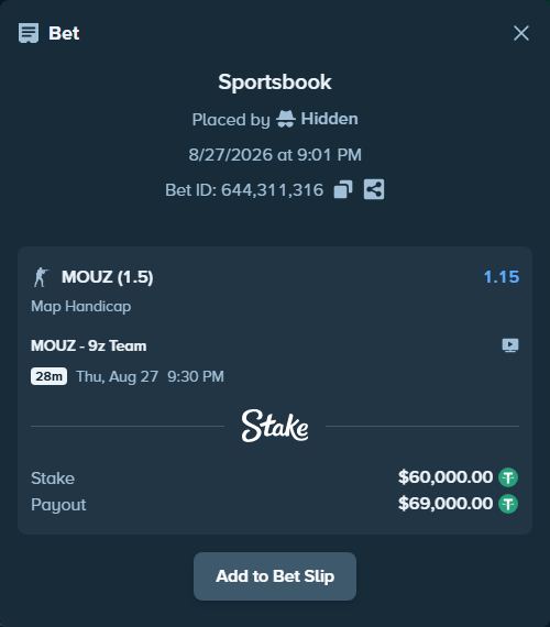Bet slip: MOUZ - 9z Team, $60,000.00 stake at 1.15 odds, placed by Hidden