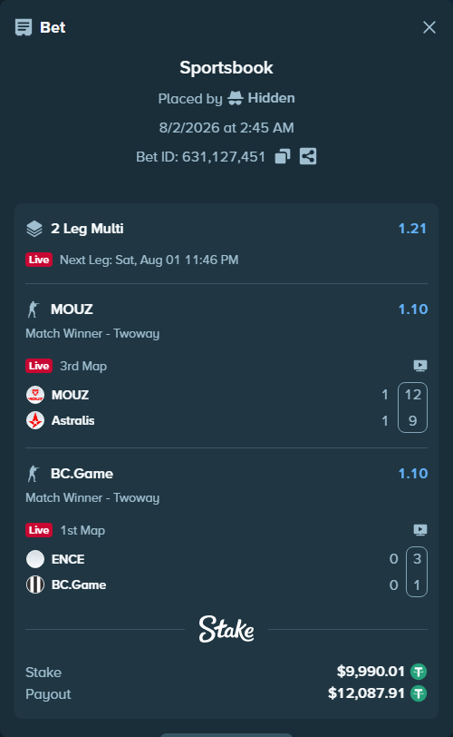 Bet slip: MOUZ - Astralis, $10,000.00 stake at 1.10 odds, placed by Hidden