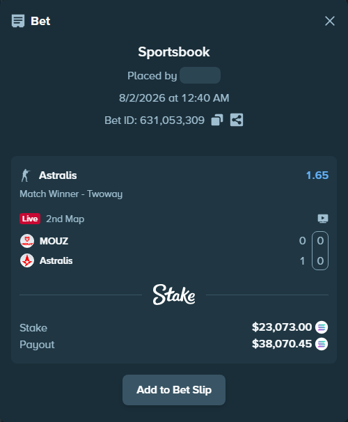Bet slip: MOUZ - Astralis, $23,004.53 stake at 1.65 odds, placed by Mashko21