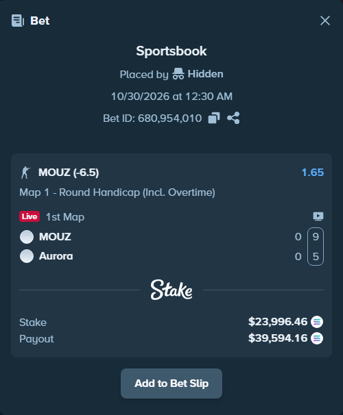 Bet slip: MOUZ - Aurora Gaming, $24,469.63 stake at 1.65 odds, placed by AustinAlgamus