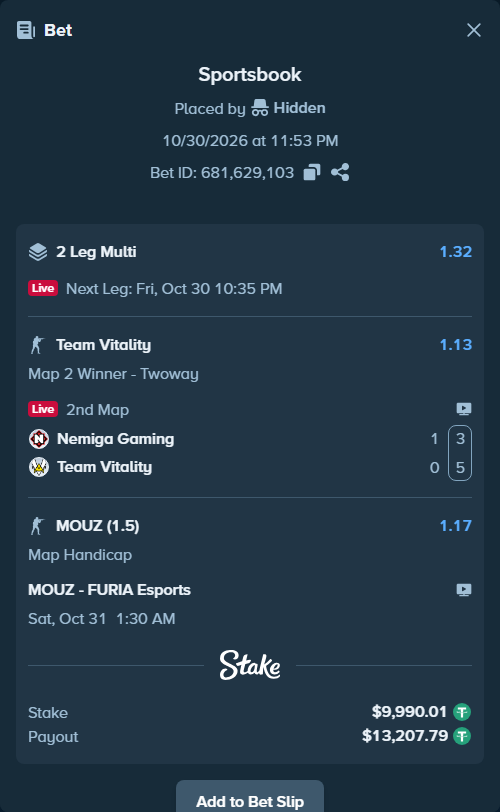 Bet slip: MOUZ - FURIA Esports, $10,000.00 stake at 1.17 odds, placed by Hidden
