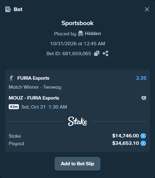 Bet slip: MOUZ - FURIA Esports, $14,746.00 stake at 2.35 odds, placed by Hidden