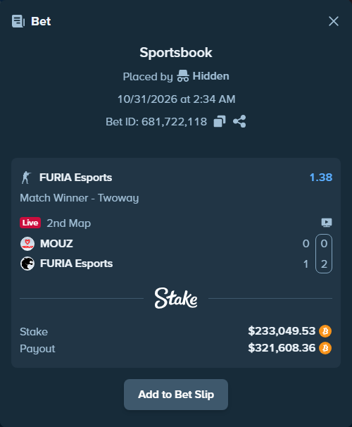 Bet slip: MOUZ - FURIA Esports, $233,129.69 stake at 1.38 odds, placed by Hidden